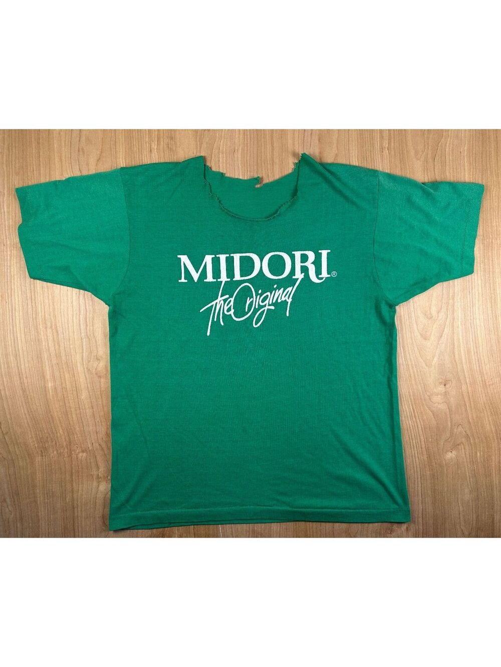Vintage 70s Midori tshirt Single Stitch large no collar liquor green cutoff